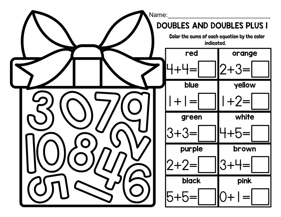 Doubles and doubles plus 1 seek-and-find worksheet: solve sums such as 4+4 and 2+3, then color numbers.