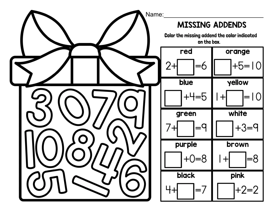 Missing addends seek-and-find worksheet: complete 10 equations, including 2+__=6, and color matching numbers.