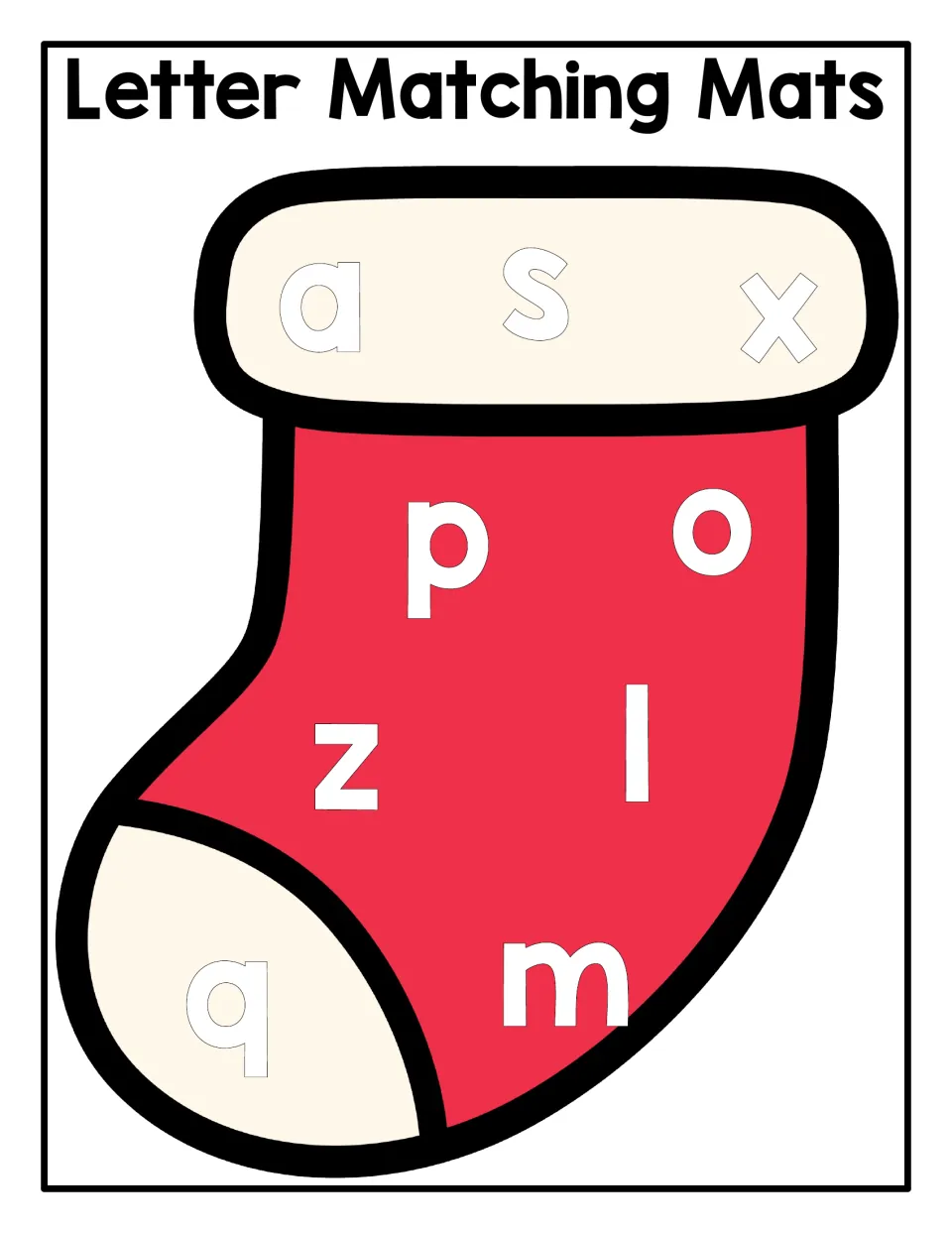 Lowercase letter magnet matching mat on a Christmas stocking, featuring a, s, x, p, o, z, l, q, and m.