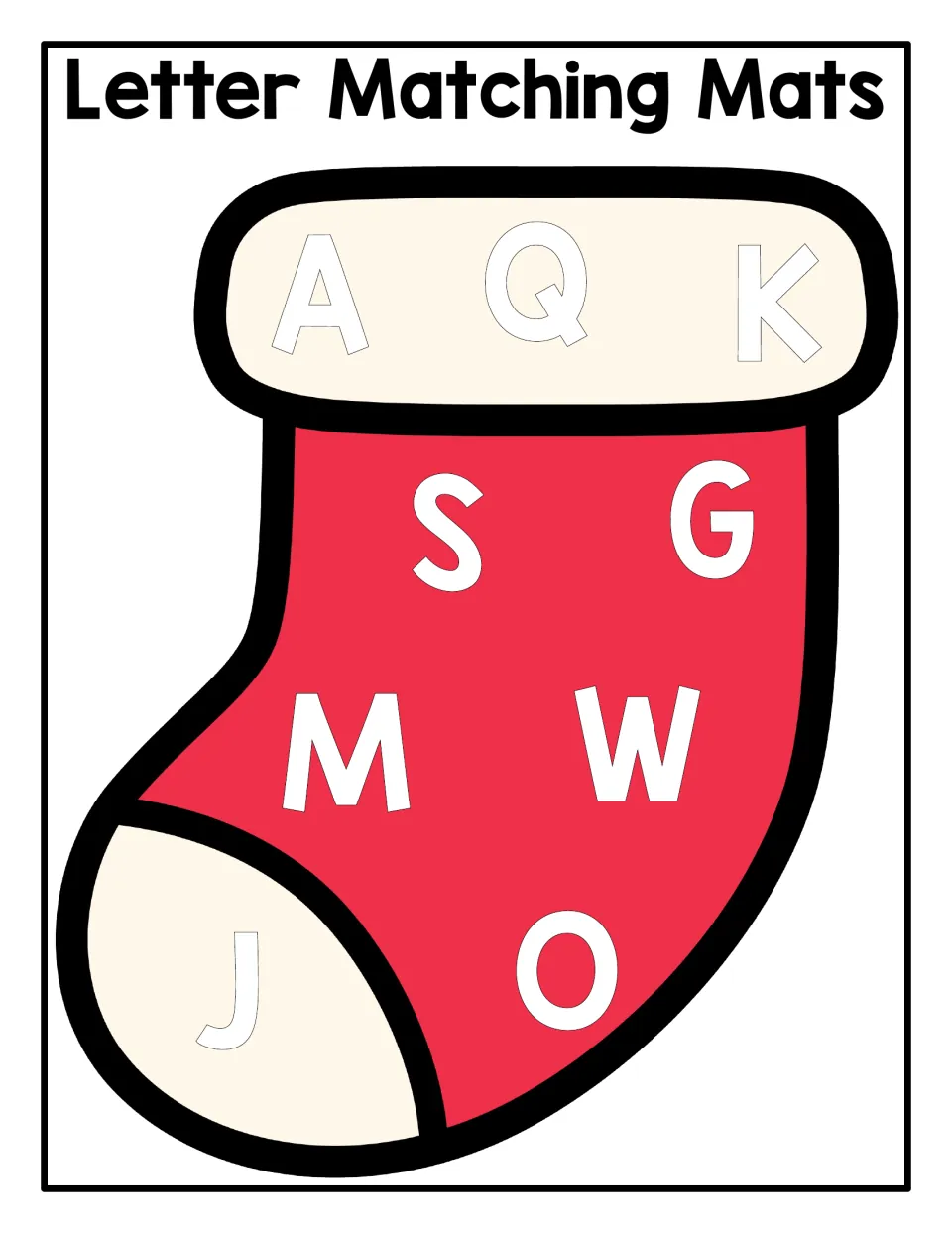 Uppercase letter magnet matching mat on a Christmas stocking, featuring A, Q, K, S, G, M, W, J, and O.
