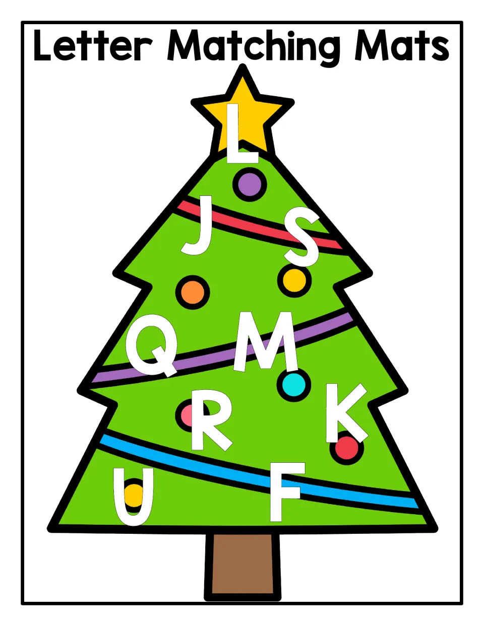 Uppercase letter magnet matching mat on a Christmas tree, featuring L, J, S, Q, M, R, K, U, and F.