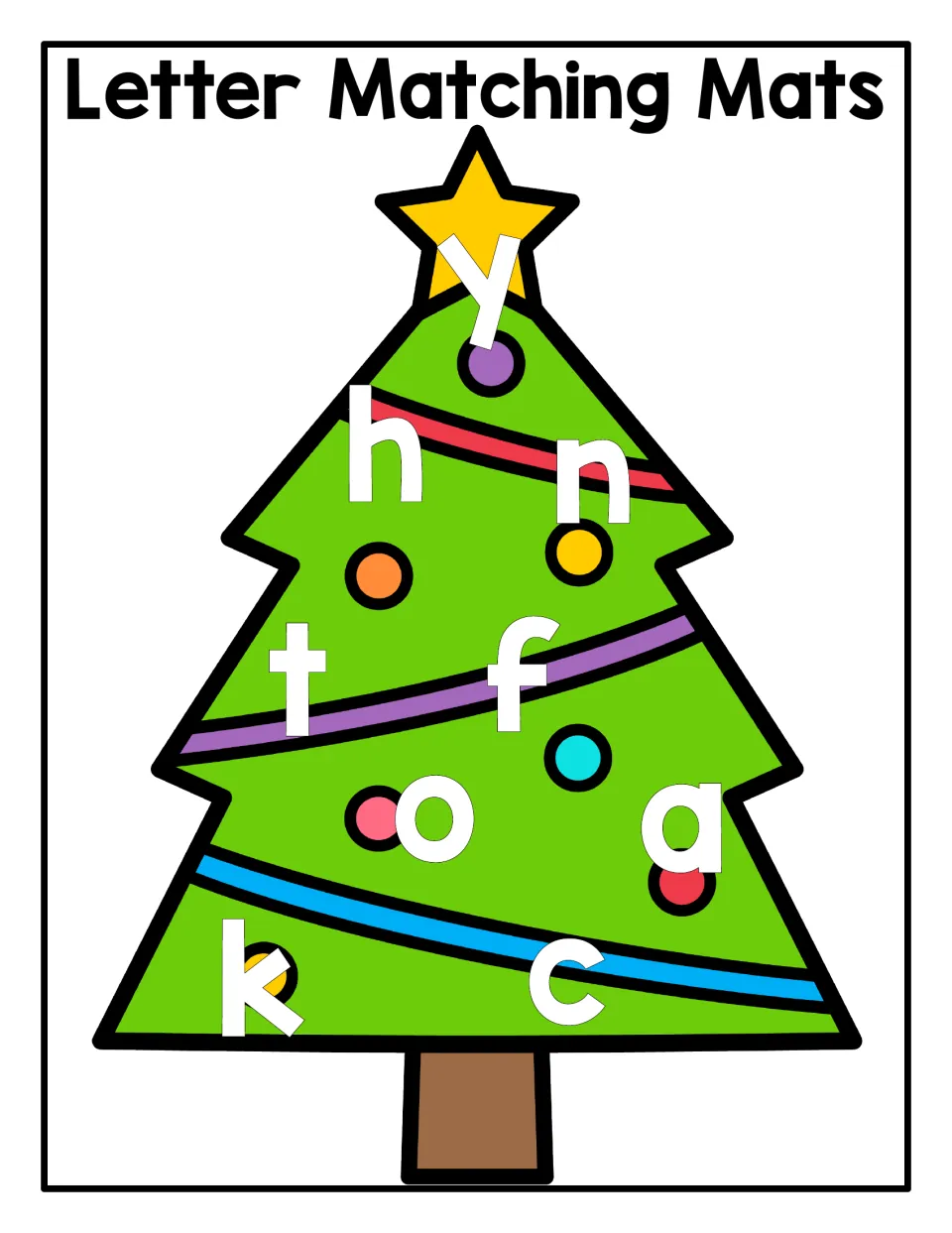 Lowercase letter magnet matching mat on a Christmas tree, featuring y, h, n, t, f, o, a, k, and c.