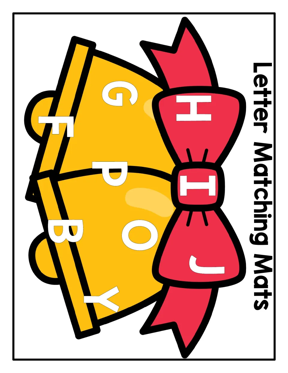 Uppercase letter magnet matching mat featuring Christmas bells and letters H, I, J, G, P, O, F, B, and Y.
