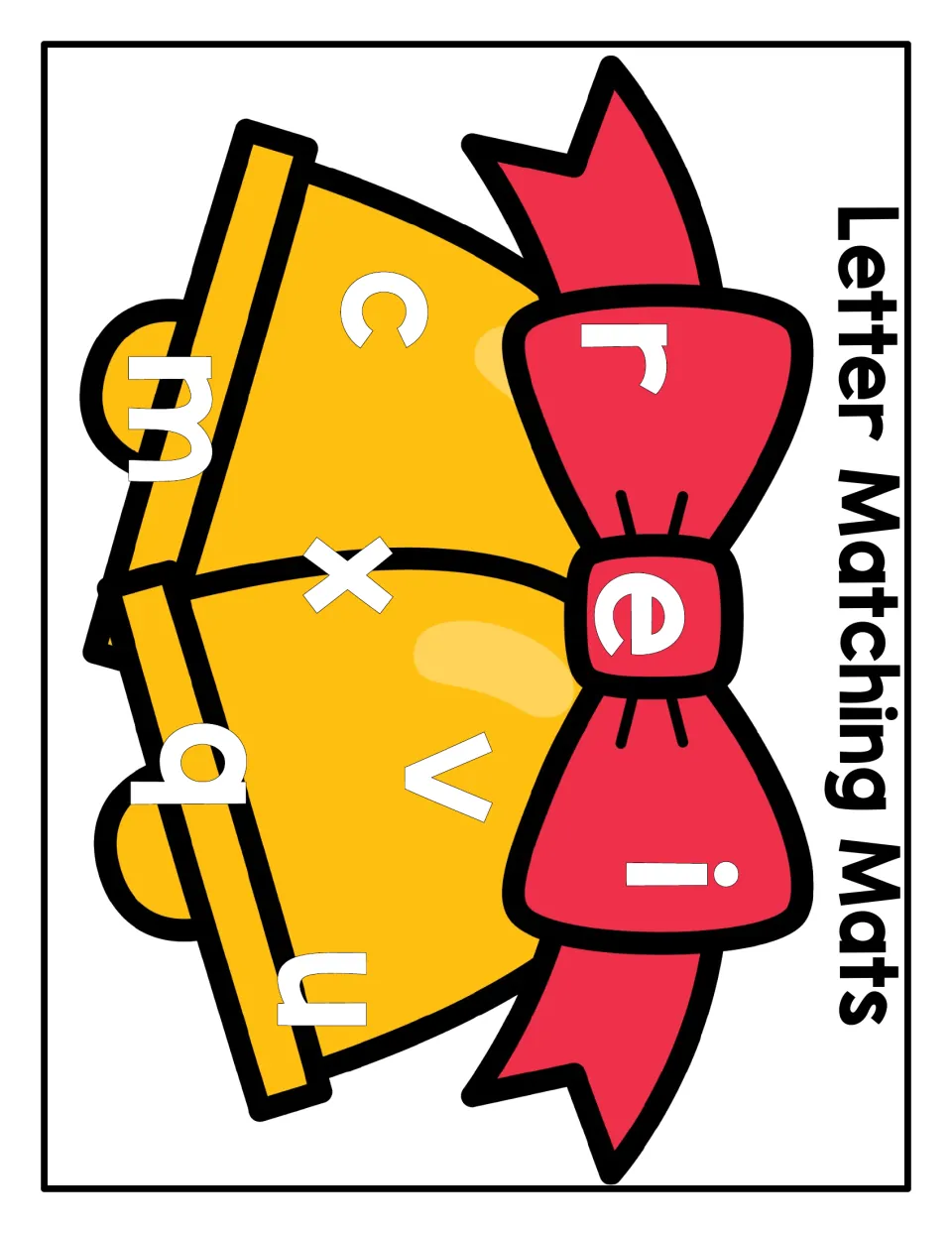 Lowercase letter magnet matching mat featuring Christmas bells and letters r, e, i, c, x, v, m, q, and u.