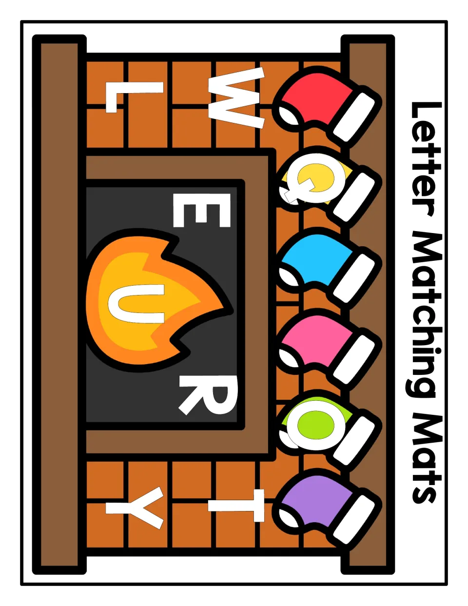Uppercase letter magnet matching mat featuring a Christmas fireplace and W, Q, O, T, E, U, R, L, and Y.