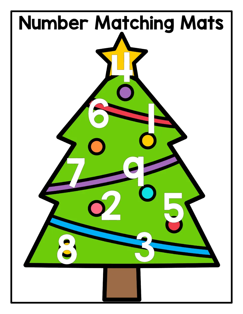 Number magnet matching mat on a Christmas tree, featuring 4, 6, 1, 7, 9, 2, 5, 8, and 3 for matching.