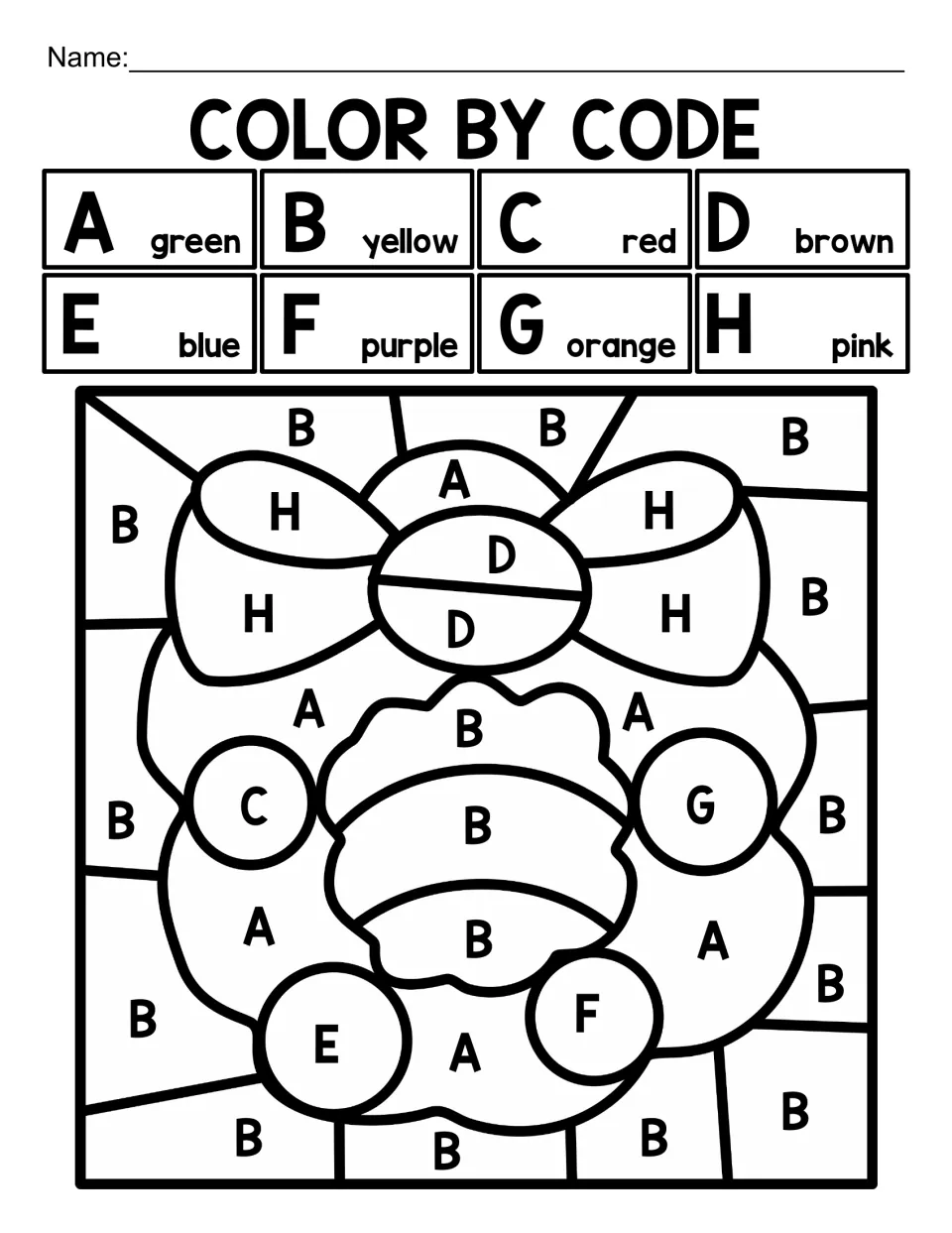 Christmas alphabet coloring worksheet featuring a wreath, bow, bell, and ornaments coded with letters A–H