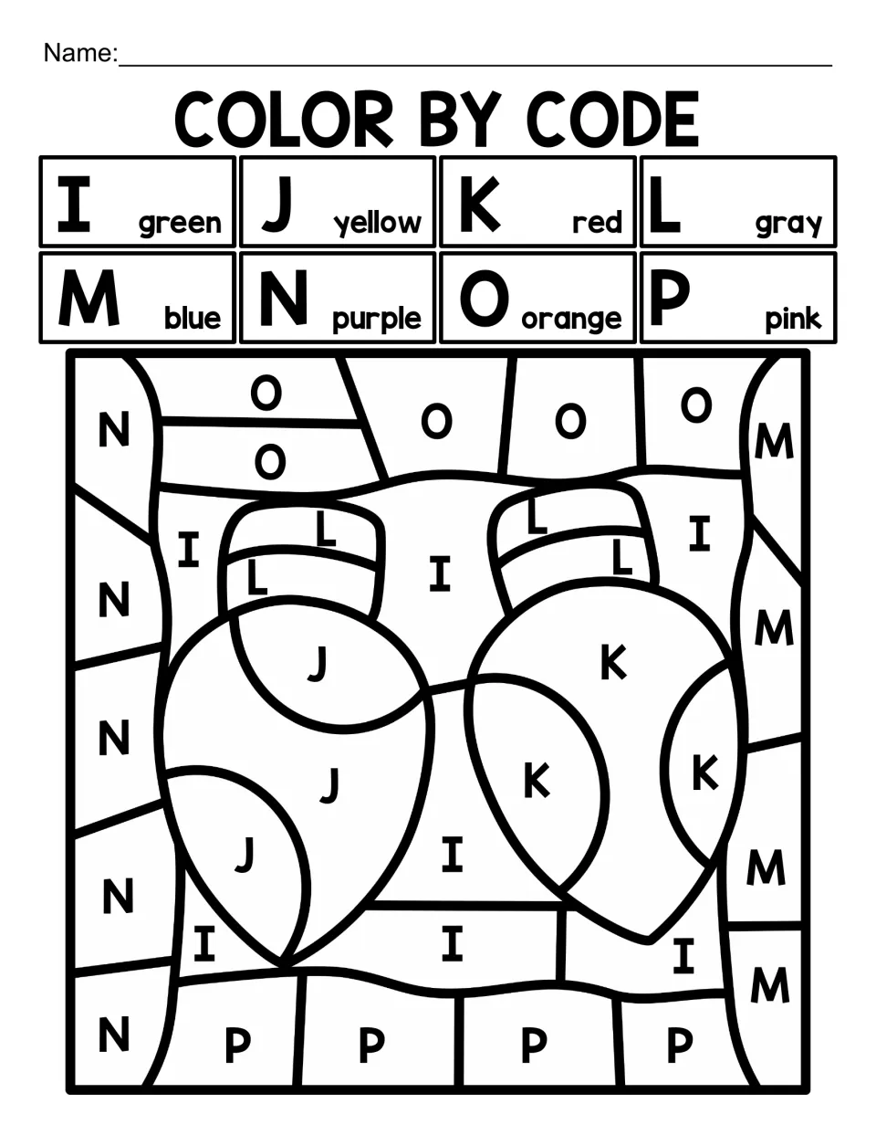 Christmas alphabet coloring worksheet featuring two light bulbs coded with capital letters I–P