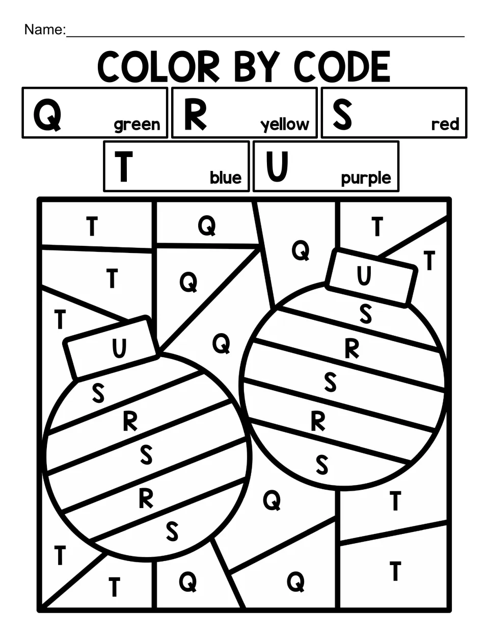 Christmas alphabet coloring worksheet featuring two striped ornaments coded with capital letters Q–U
