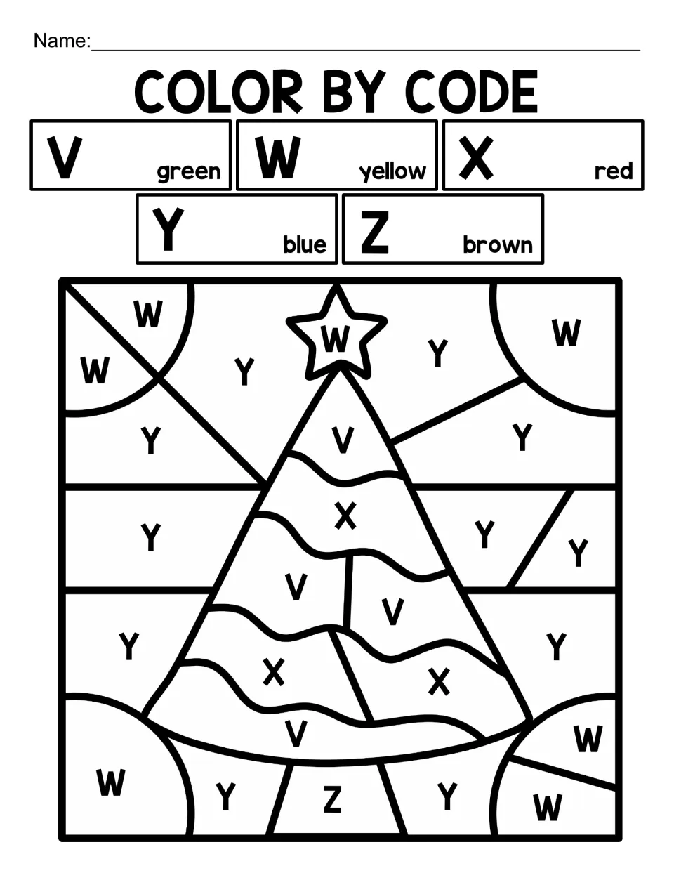 Christmas alphabet coloring worksheet featuring a star-topped tree coded with capital letters V–Z