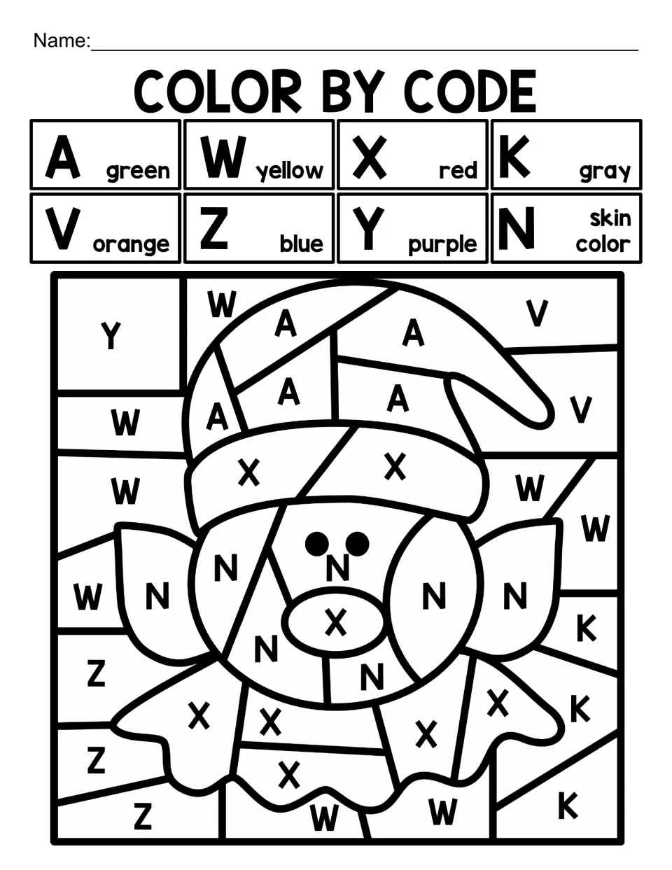 Christmas alphabet coloring worksheet featuring an elf face coded with letters A, W, X, K, V, Z, Y, and N