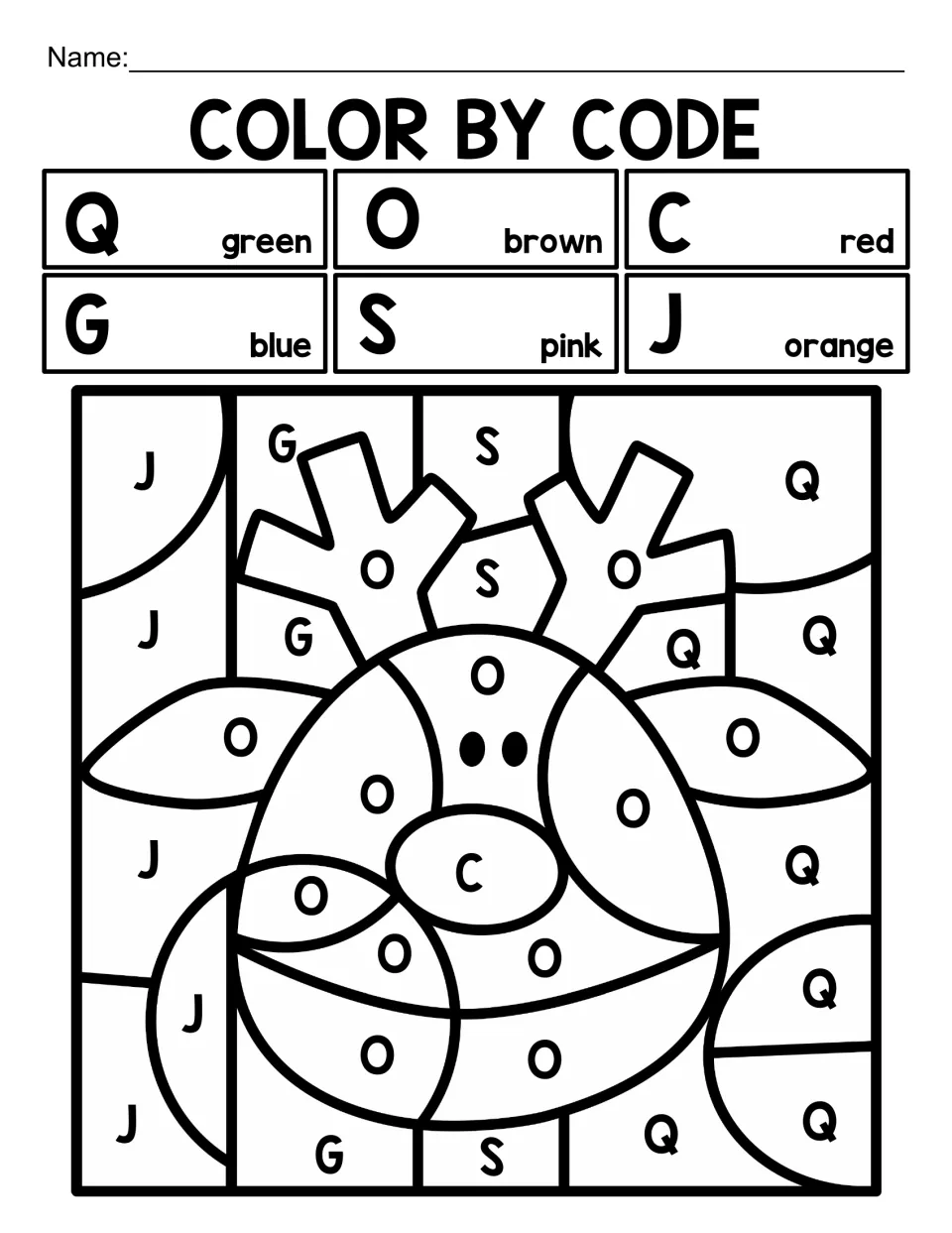 Christmas alphabet coloring worksheet featuring a reindeer coded with capital letters Q, O, C, G, S, and J