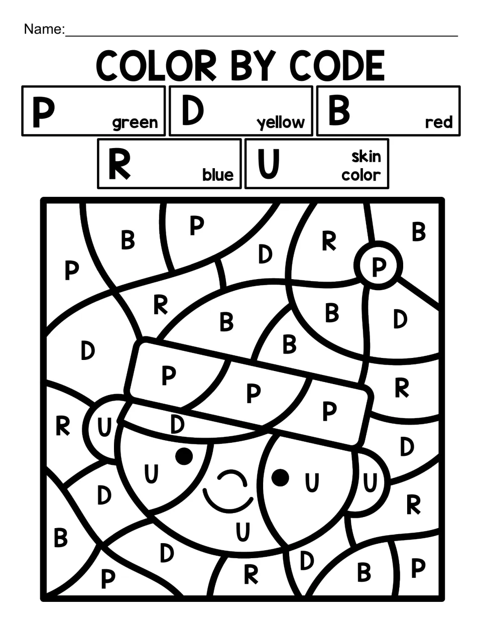 Christmas alphabet coloring worksheet featuring a child in a Santa hat coded with letters P, D, B, R, and U