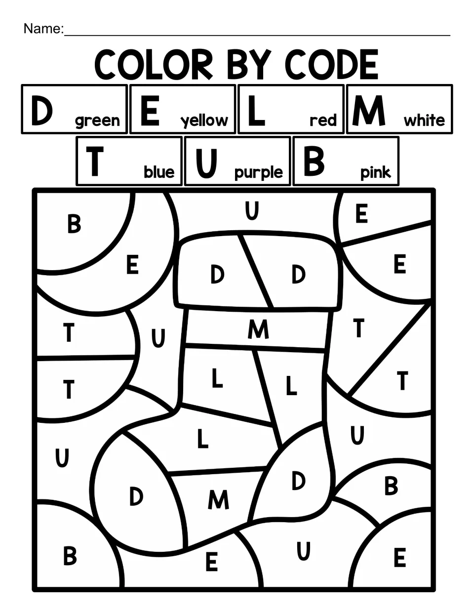 Christmas alphabet coloring worksheet featuring a stocking coded with letters D, E, L, M, T, U, and B