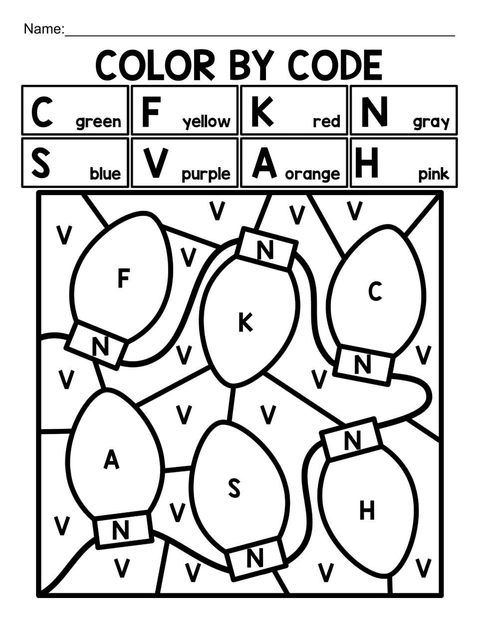 Christmas alphabet coloring worksheet featuring six string lights coded with letters C, F, K, N, S, V, A, H