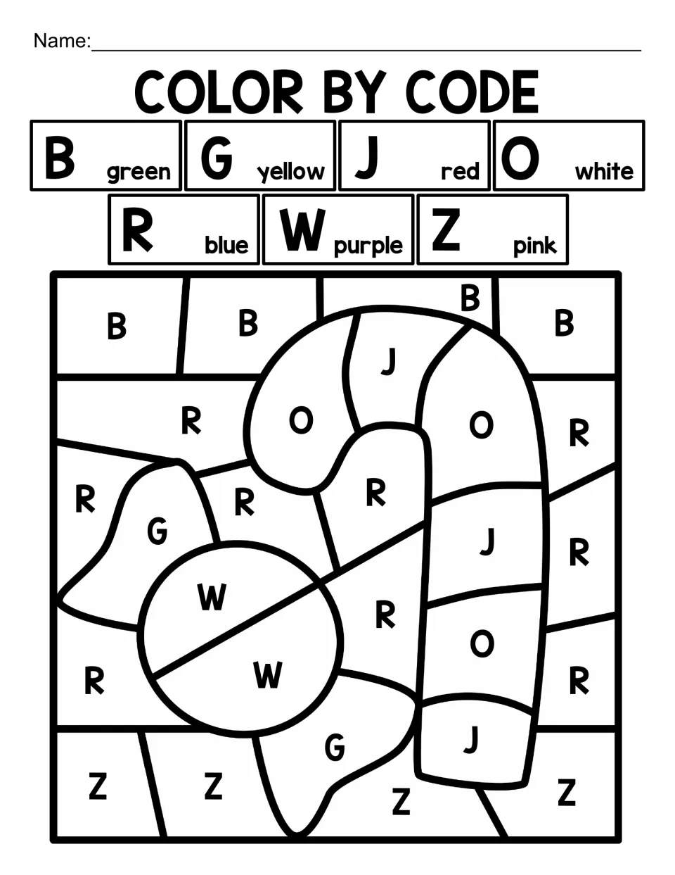 Christmas alphabet coloring worksheet featuring a candy cane and wrapped candy coded with B, G, J, O, R, W, Z