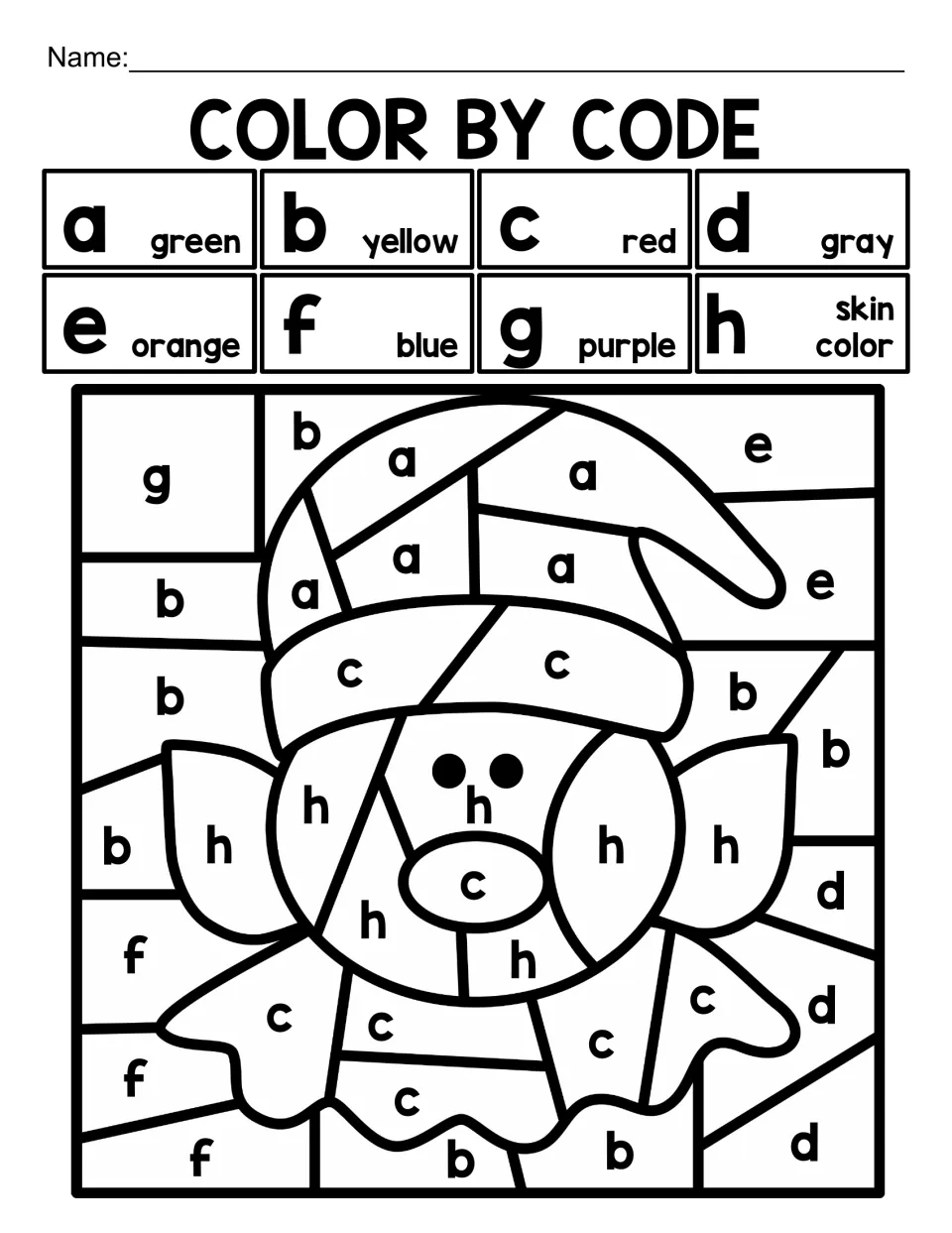 Christmas lowercase letter color-by-code activity featuring an elf and a color key for letters a through h