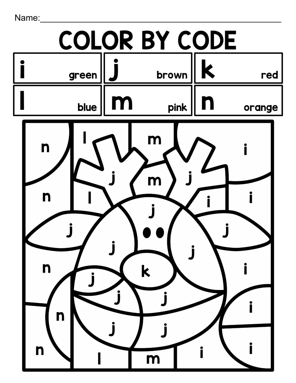 Christmas lowercase letter color-by-code activity featuring a reindeer and a key for letters i through n