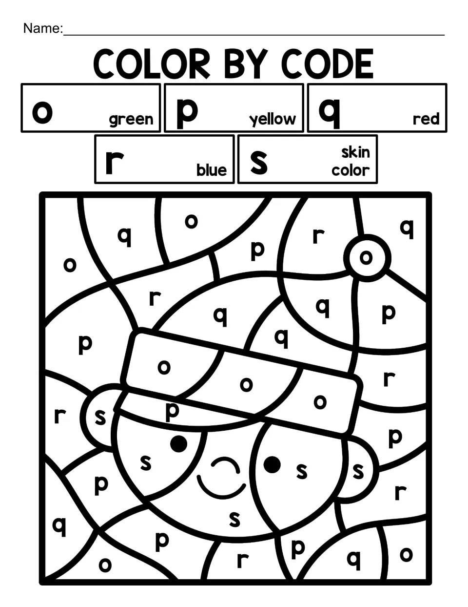 Christmas lowercase letter color-by-code activity featuring a child in a hat and letters o through s