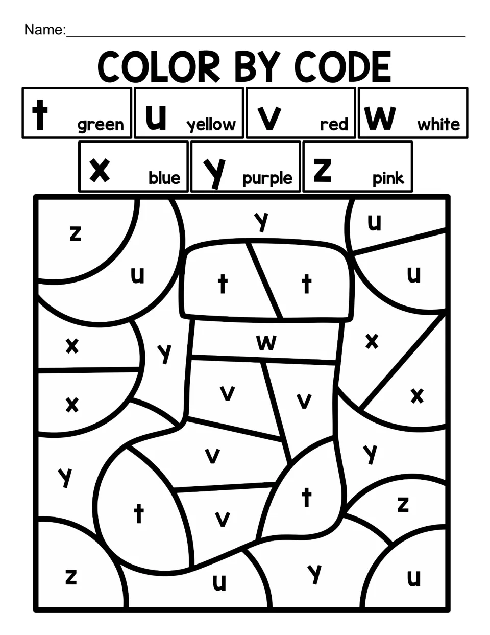 Christmas lowercase letter color-by-code activity featuring a stocking and a key for letters t through z