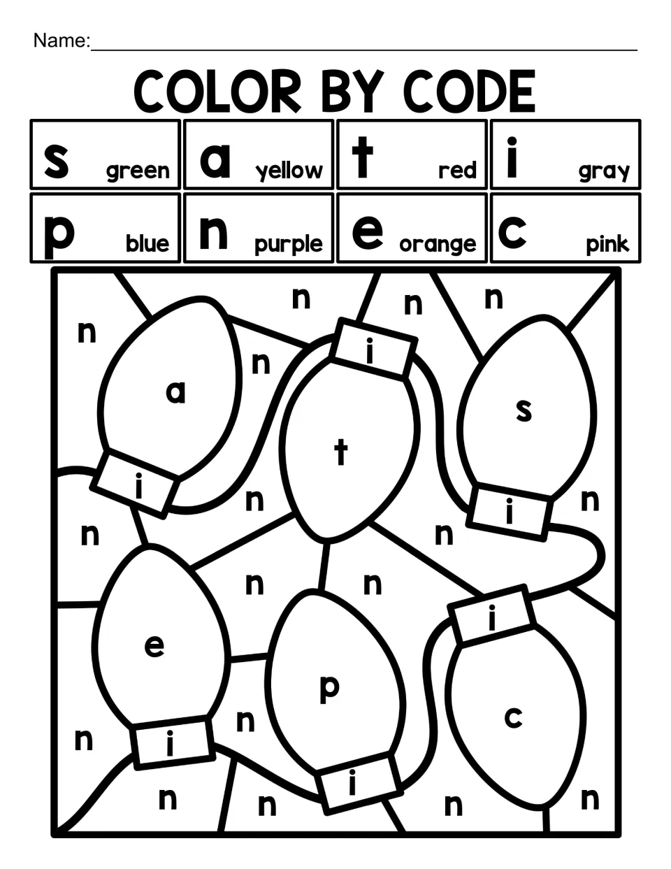 Christmas lowercase letter color-by-code activity featuring string lights and letters s, a, t, i, p, n, e, c