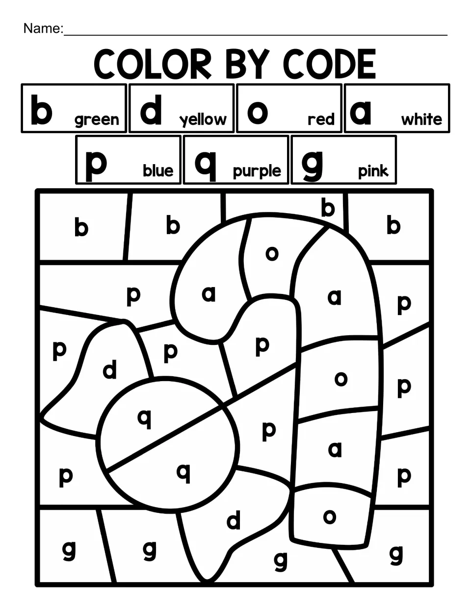 Christmas lowercase letter color-by-code activity featuring a candy cane and candy, using b, d, o, a, p, q, g