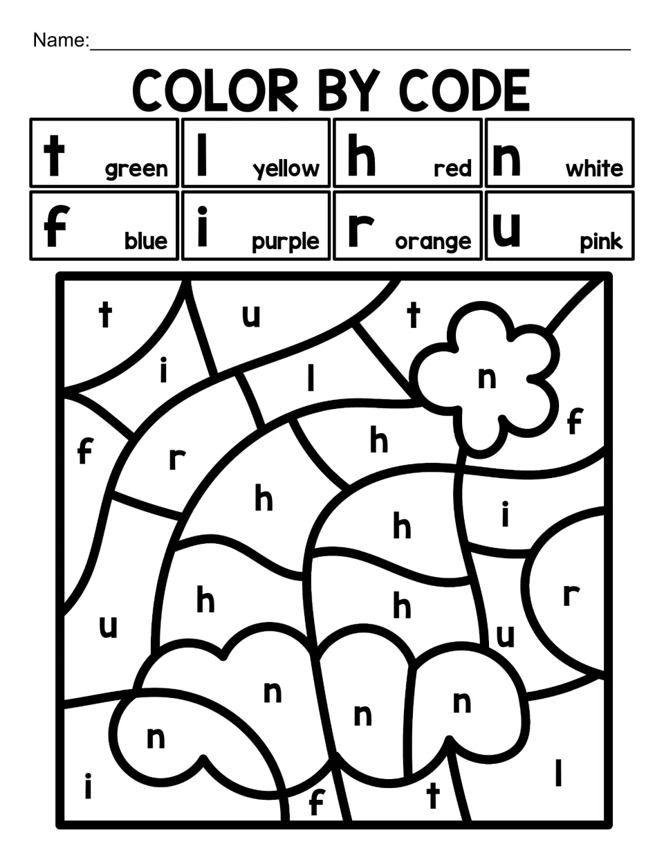 Christmas lowercase letter color-by-code activity featuring a Santa hat and letters t, l, h, n, f, i, r, u