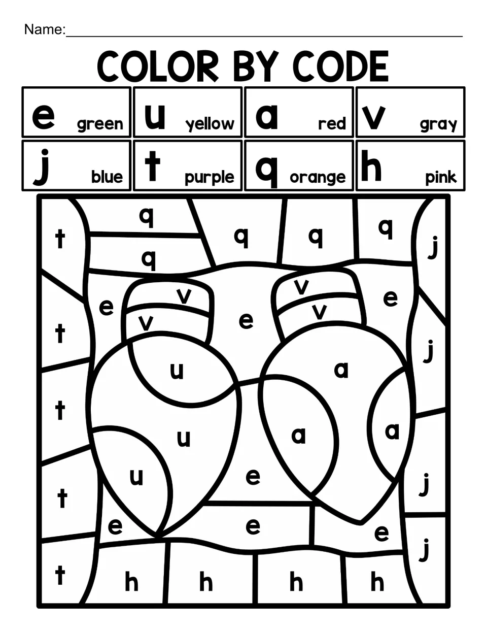 Christmas lowercase letter color-by-code activity featuring two light bulbs and e, u, a, v, j, t, q, h