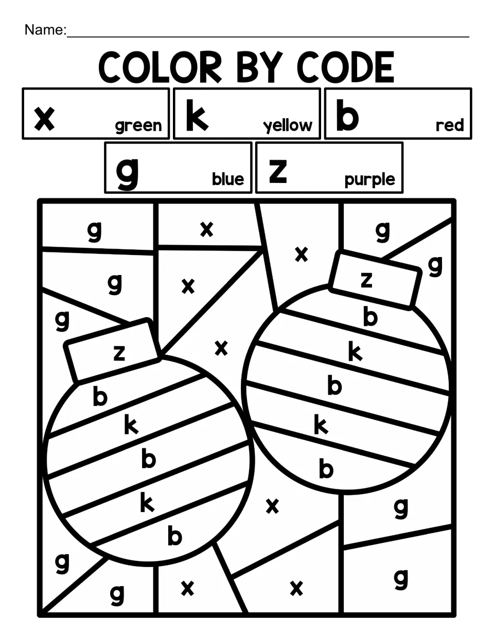 Christmas lowercase letter color-by-code activity featuring two striped ornaments and letters x, k, b, g, z