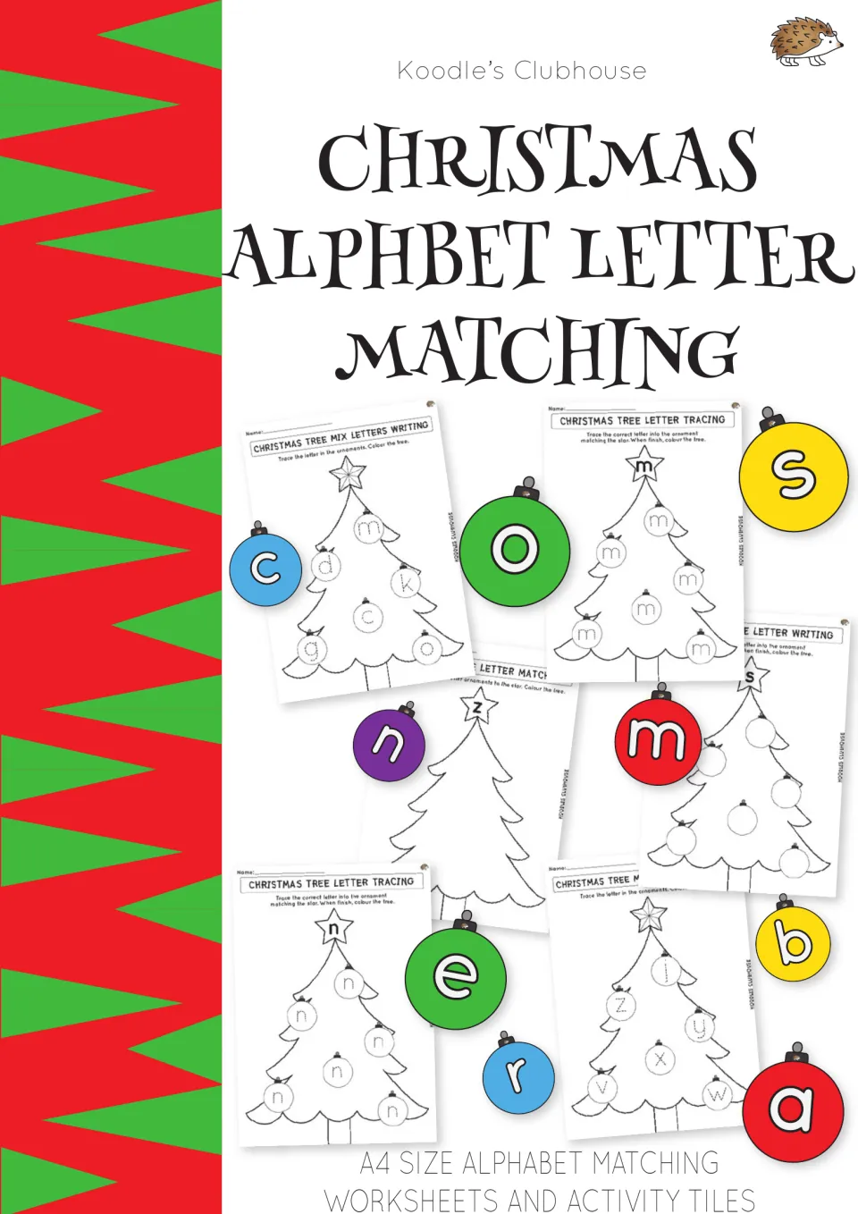 Christmas Alphabet Letter Matching cover: A4 lowercase tracing tree sheets and colored ornament letter tiles