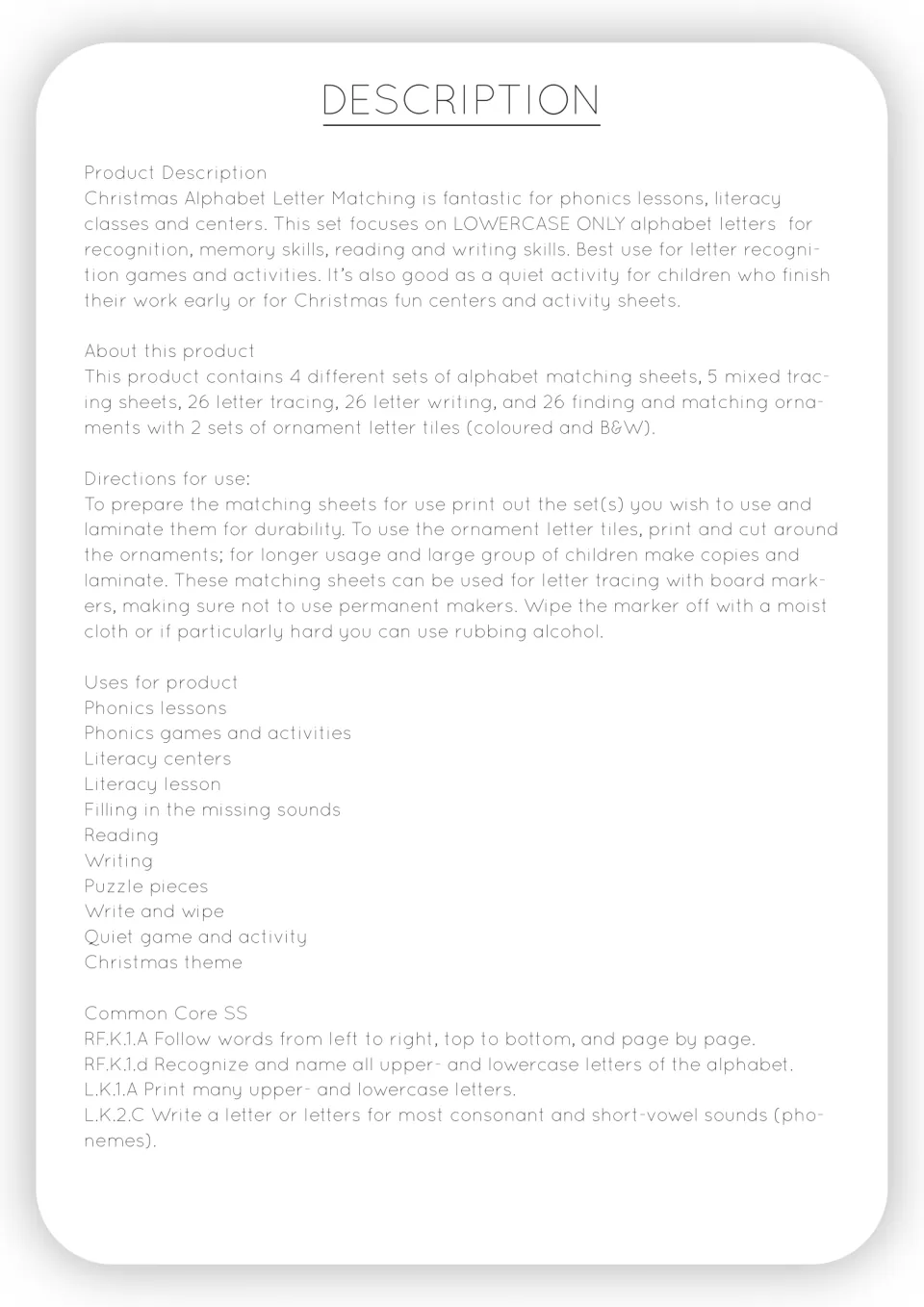 Product description: lowercase-only set contents, laminating and tile-cutting directions, uses and Common Core codes