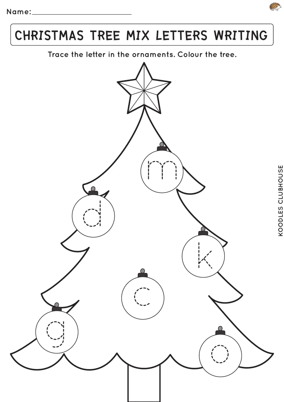 Mixed letters writing: students trace dotted lowercase m, d, k, c, g and o on Christmas tree ornaments and colour the tree