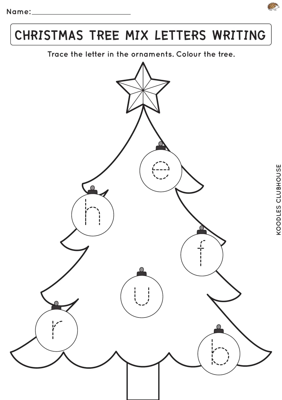 Mixed letters writing: students trace dotted lowercase e, h, f, u, r and b on Christmas tree ornaments and colour the tree