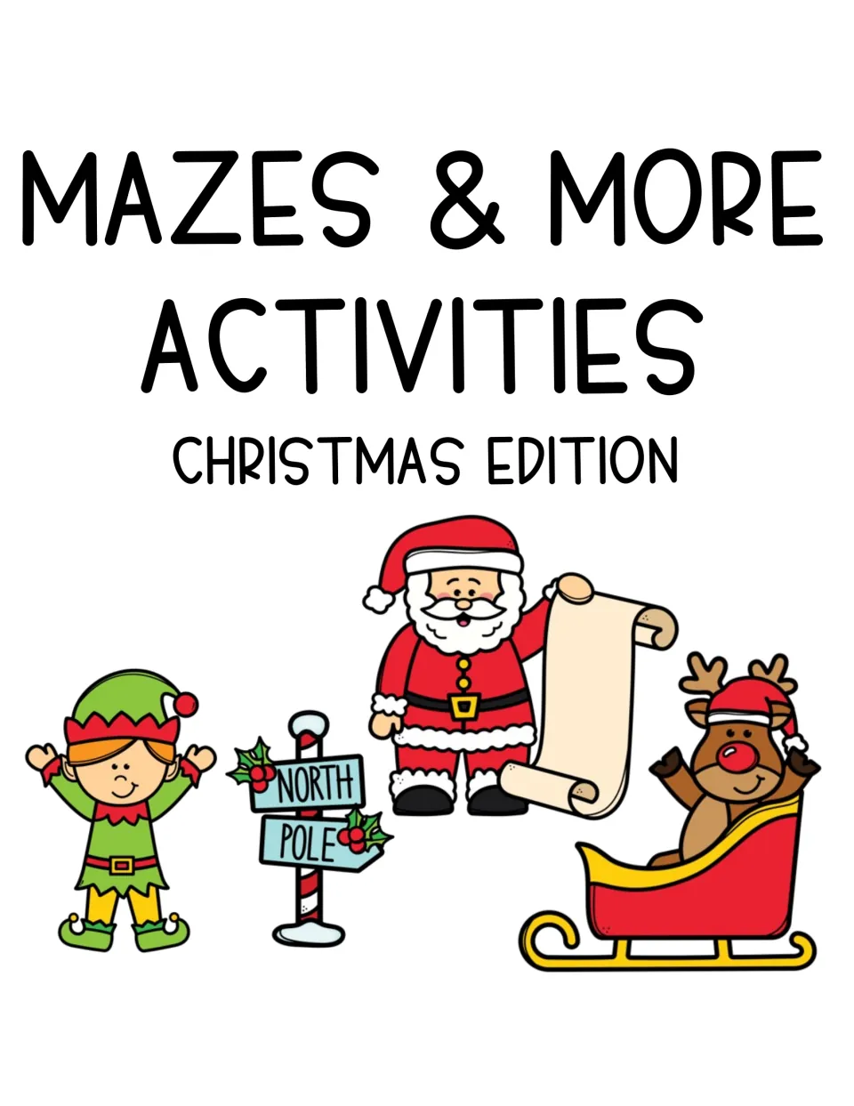Activity packet cover titled 'Mazes & More Activities' with 'Christmas Edition' identifying the theme