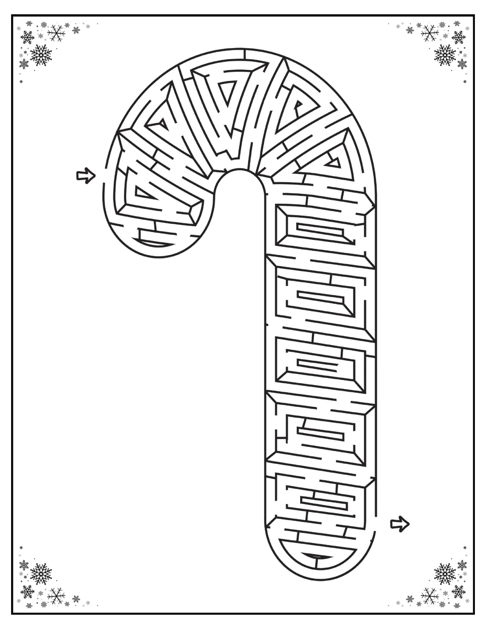 Candy cane maze in the Christmas activity packet, with entry and exit arrows at the hook and lower stem