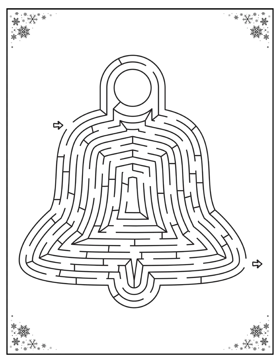 Bell-shaped maze in the Christmas activity packet, with an entry on the upper left and exit on the right