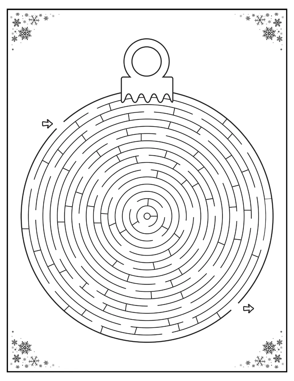 Round ornament maze in the Christmas activity packet, with an upper-left entry and a lower-right exit