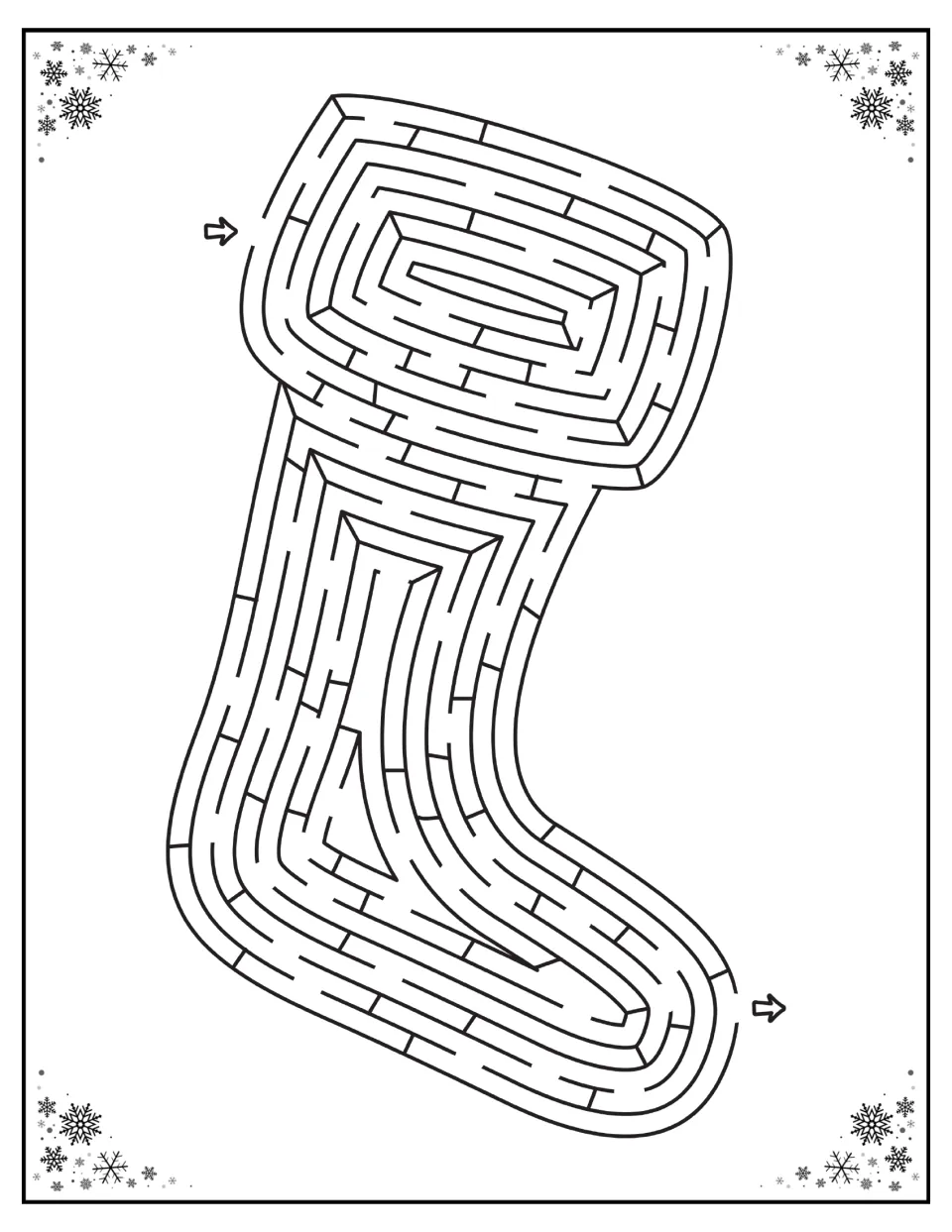 Stocking-shaped maze in the Christmas activity packet, with an entry near the cuff and exit near the toe