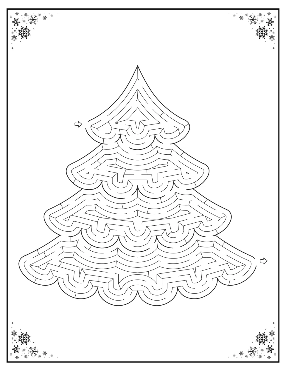 Christmas tree maze in the activity packet, with an entry by the upper branches and exit near the base