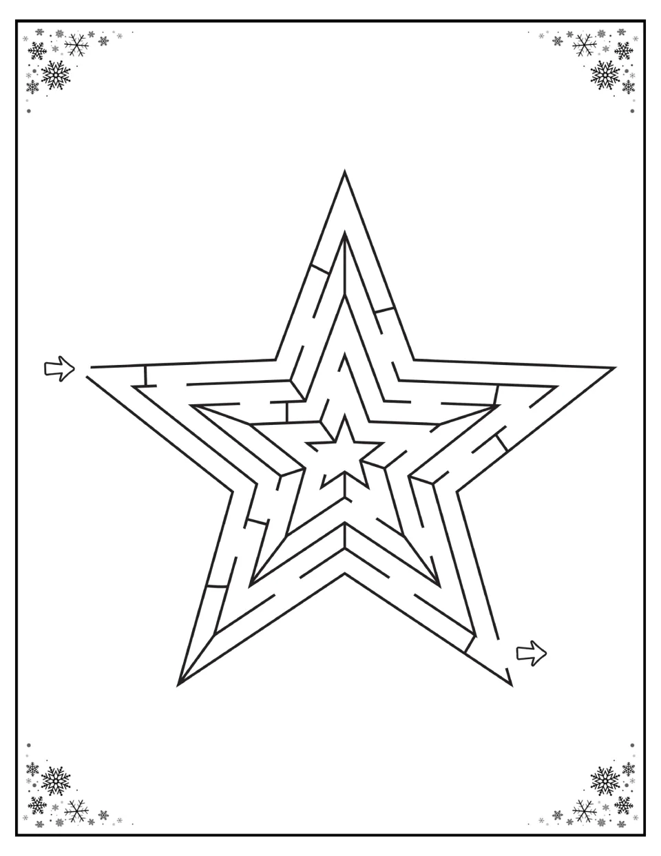 Five-pointed star maze in the Christmas activity packet, with a left entry and a lower-right exit