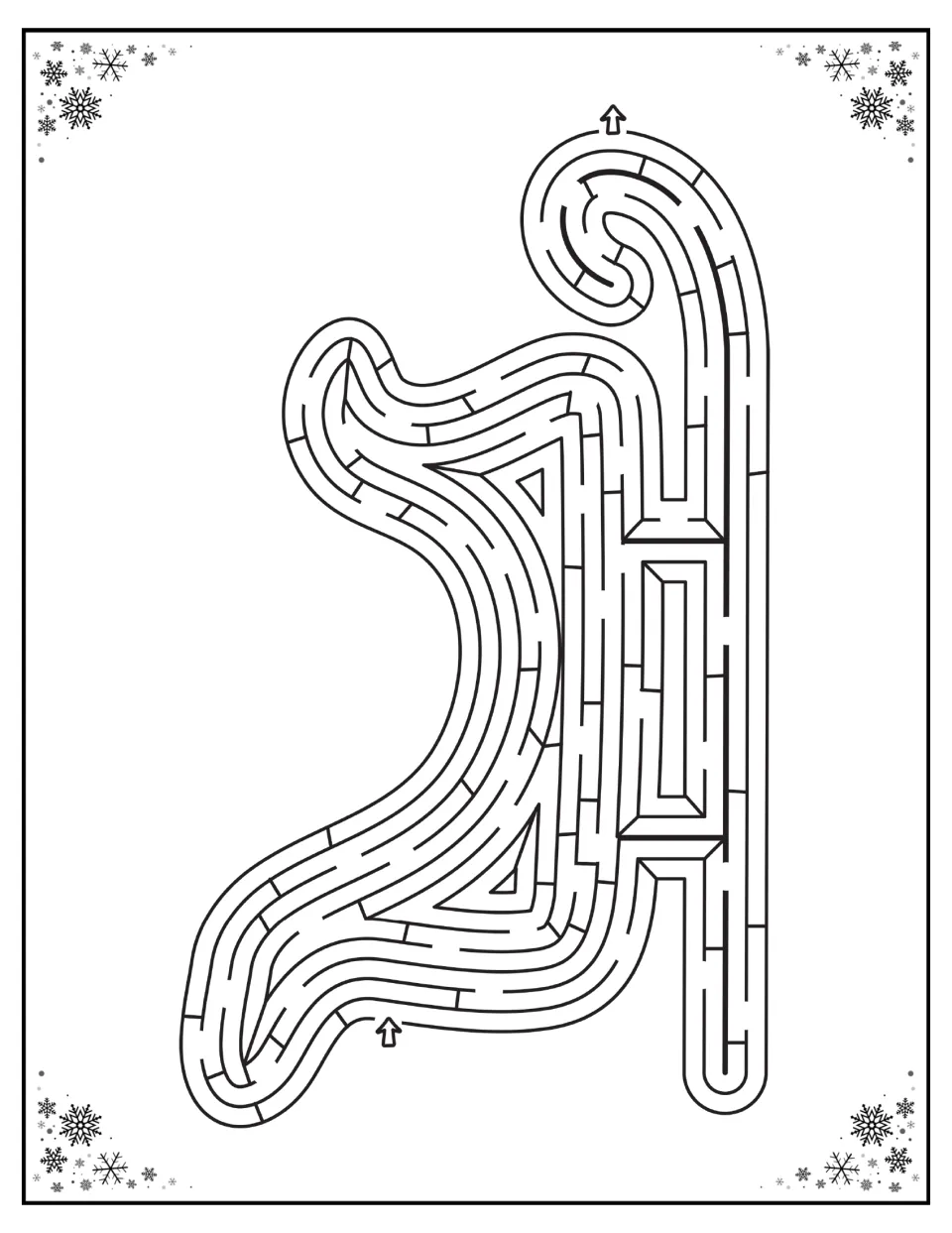 Sleigh-shaped maze in the Christmas activity packet, with an entry near the bottom and exit at the top