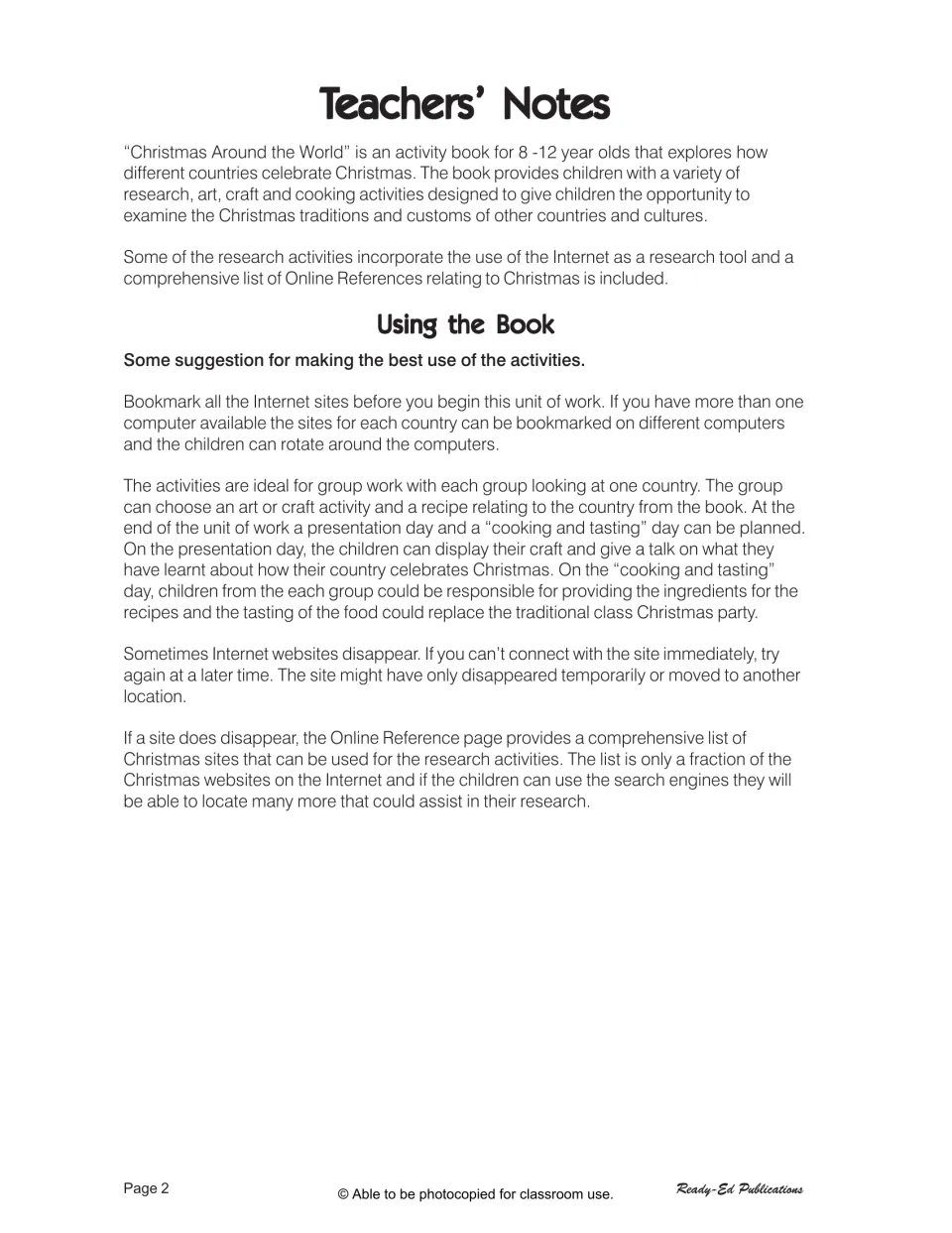 Teacher notes explain research, art, crafts, and cooking activities, plus group projects and presentation days