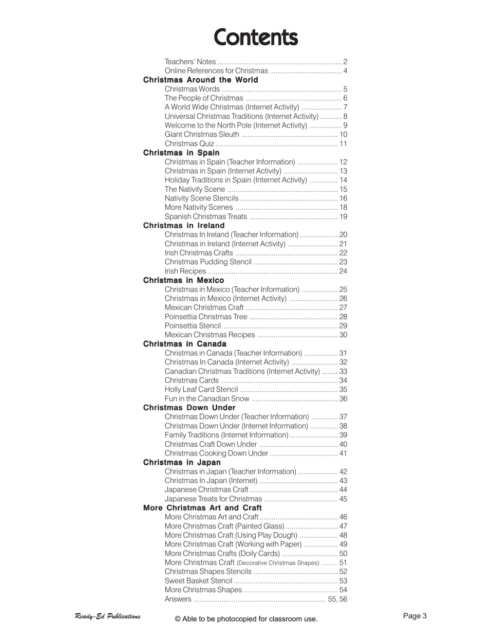 Contents lists Christmas research, country studies, crafts, recipes, and answers, with entries through page 56