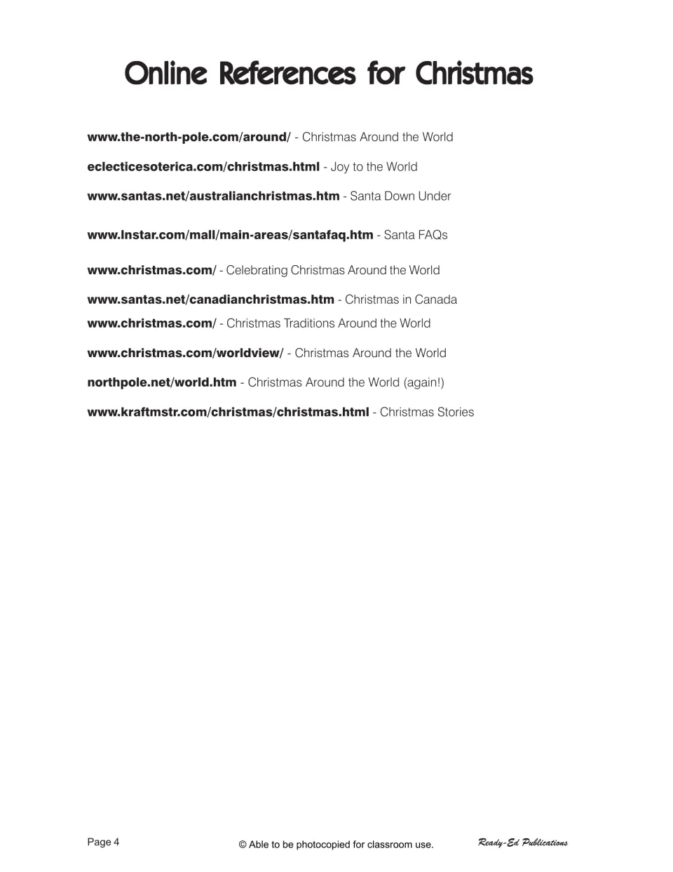 Online reference page lists ten Christmas website entries for researching traditions, stories, and countries