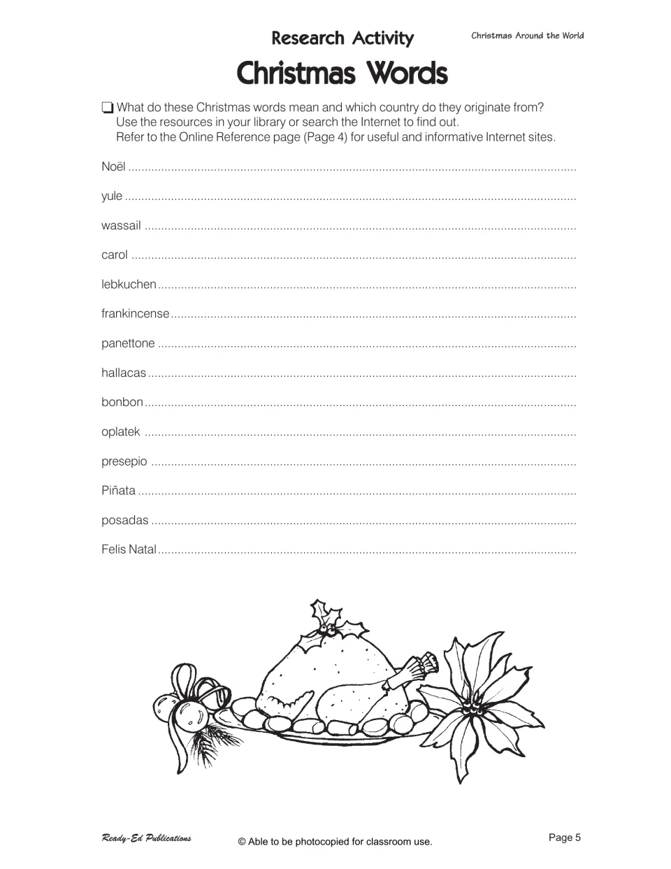Christmas Words research activity asks for meanings and countries of origin for 14 terms, including Noël (Christmas)