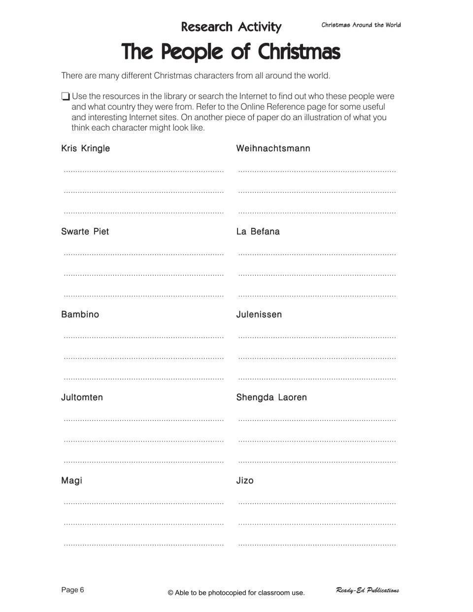 The People of Christmas activity asks students to research and illustrate ten figures, including La Befana