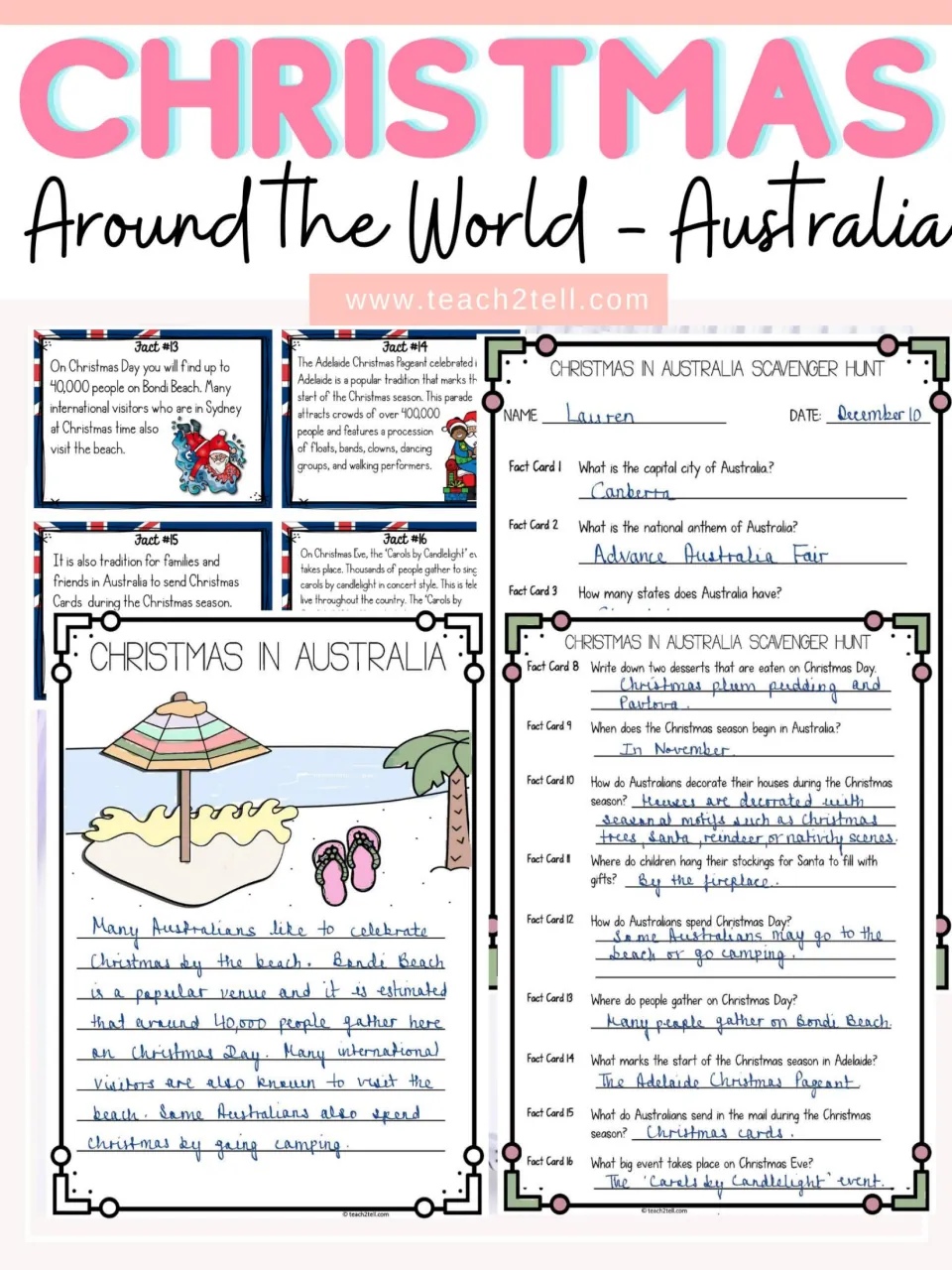 Christmas Around the World - Australia cover showing fact cards, a scavenger hunt sheet and a beach writing page