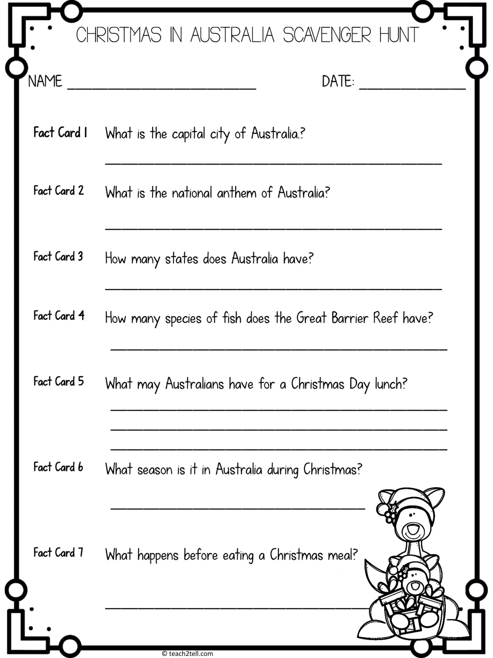 Australia scavenger hunt sheet: students answer fact cards 1-7 on the capital, national anthem, states and Christmas lunch