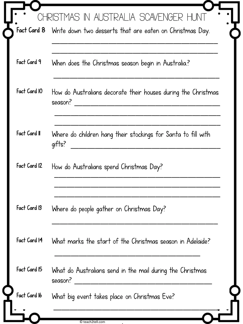 Scavenger hunt questions 8-16: students record facts on desserts, stockings, Bondi Beach and Carols by Candlelight