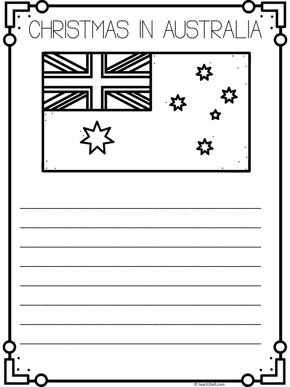Christmas in Australia fact writing: students write 2-3 facts below an outline drawing of the Australian flag